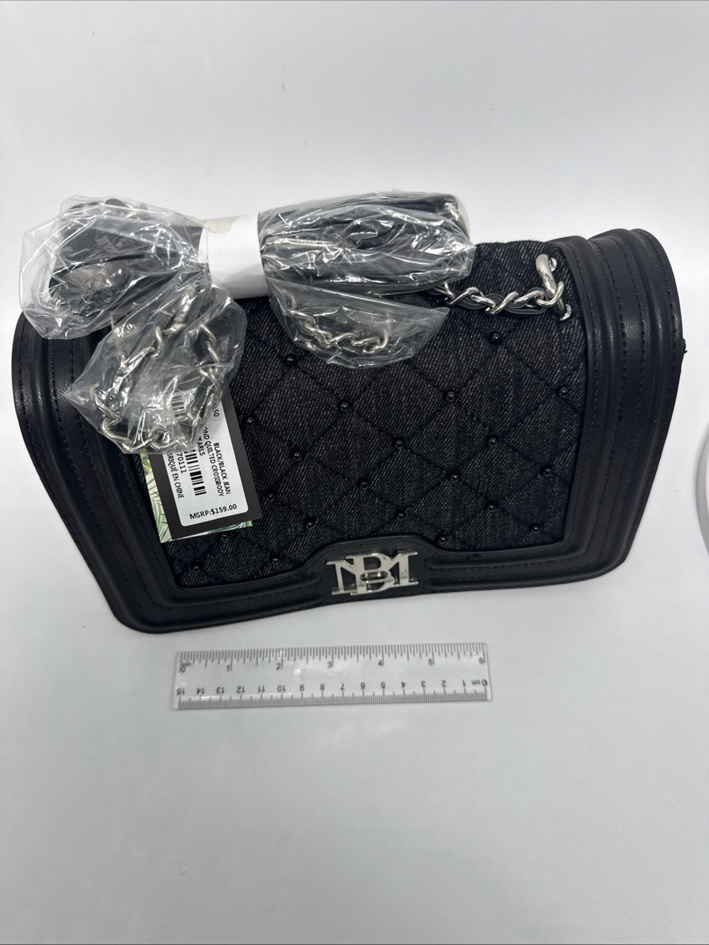 Badgley Mischka Black Quilted black diamond denim Crossbody Bag Silver Hardware - Picture 2 of 16